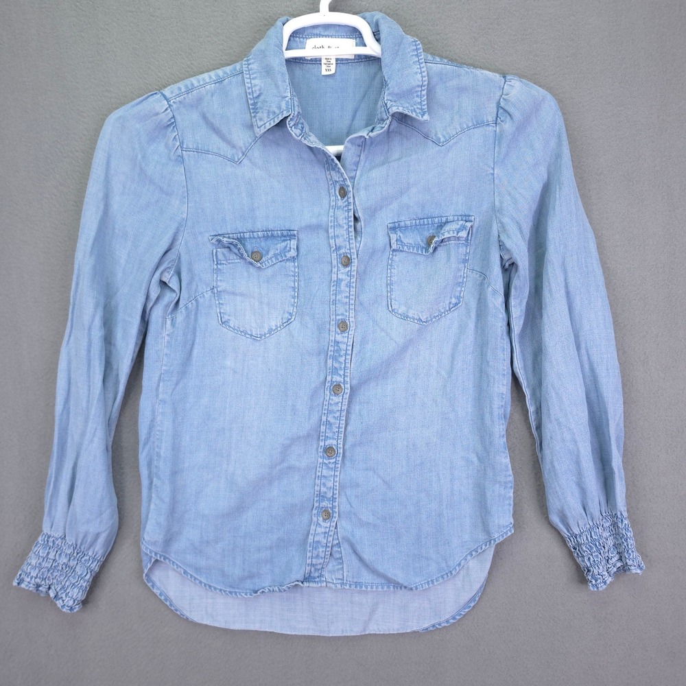 Cloth & Stone Shirt Western Chambray Blue XXS Tencel Smocked Cuff Long Sleeve
